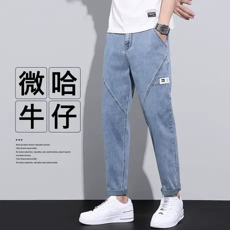 男士日系港风高级感拼接休闲牛仔长裤夏季薄款男生宽松直筒男裤子图片
