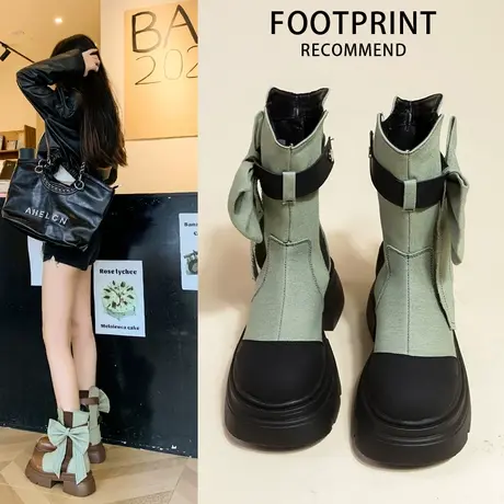 马丁靴女款2023春秋新款厚底百搭显瘦蝴蝶结圆头休闲短靴套筒靴子商品大图