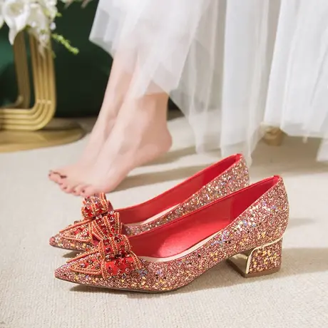 主婚纱婚鞋女秀禾婚纱2023新娘鞋不累脚高跟鞋法式礼服婚礼鞋粗跟图片