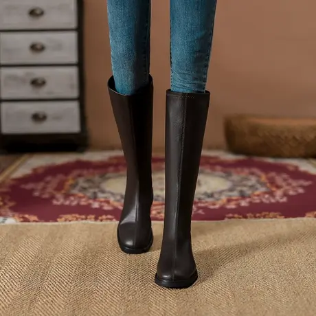 小个子长筒靴英伦风瘦瘦靴女粗跟2023年秋冬季新款气质不过膝长靴图片