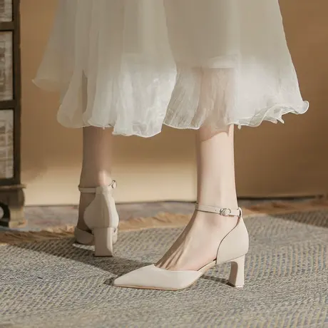 包头凉鞋女2023夏季新款一字带扣搭纯色气质温柔风尖头细跟高跟鞋商品大图