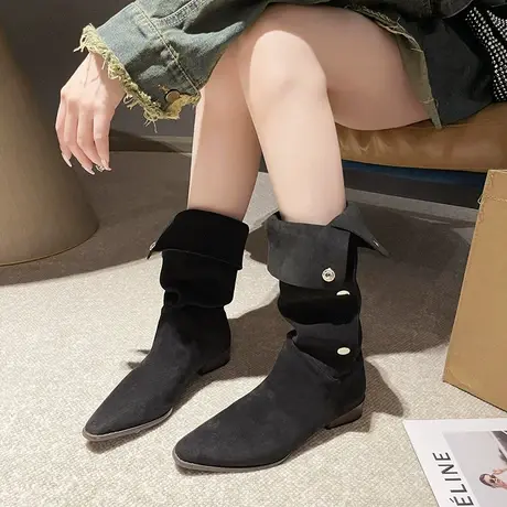 堆堆靴复古小众小个子中筒靴法式女靴子秋季时尚西部牛仔靴骑士靴商品大图