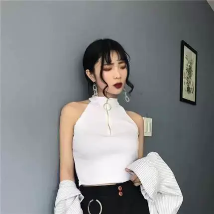 白色挂脖吊带背心女外穿潮短款工字秋冬打底内搭性感紧身无袖上衣商品大图