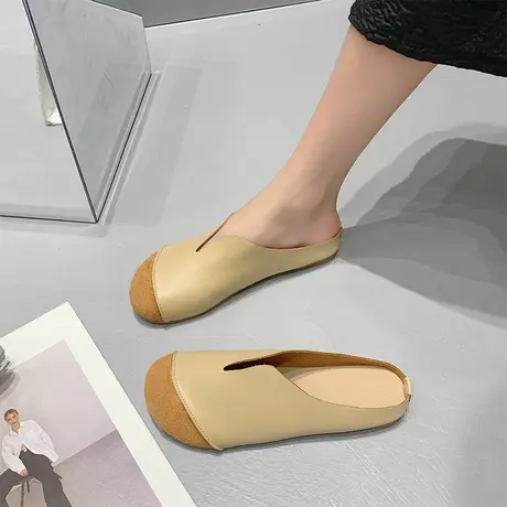 包头软皮软底半拖鞋女2024春夏季外穿复古平底鞋森女系单鞋奶奶鞋商品大图