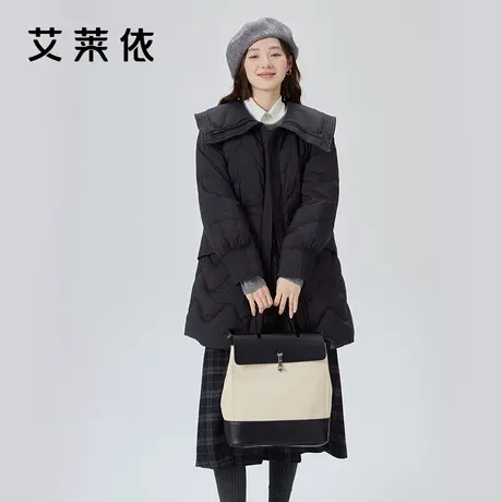 艾莱依甜美翻领羽绒服女2023新款中长款X版型别致袖口时尚外套冬商品大图