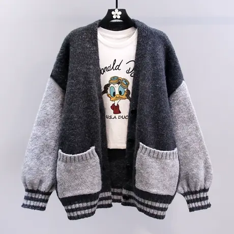 复古懒懒风软糯拼色毛衣外套女秋冬2023新款宽松设计感针织开衫商品大图