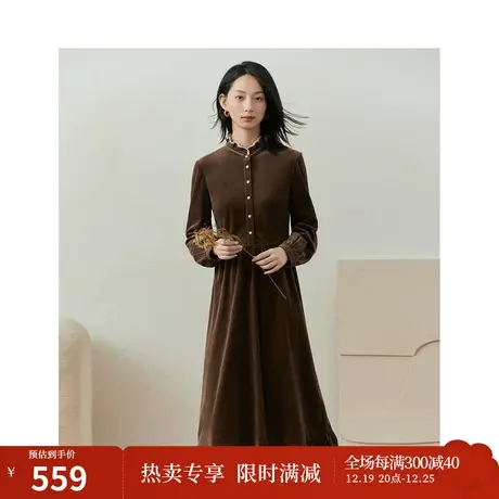 【商场同款】茵曼双层荷叶领连衣裙2023冬季女装新款长袖高腰裙子图片
