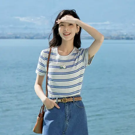 茵曼2023夏季女装新款时尚田园撞色条纹立体绣花圆领修身短袖T恤商品大图