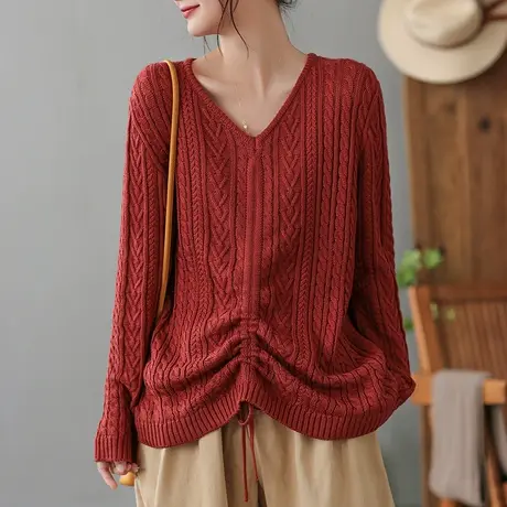 dza 复古宽松V领针织衫女士春秋内搭不规则上衣休闲百搭套头毛衣商品大图
