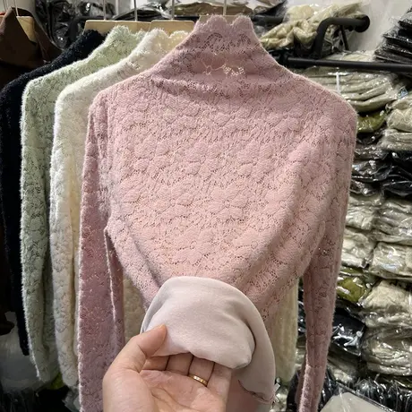 半高领磨毛加绒加厚蕾丝打底衫女2022秋冬新款内搭洋气漂亮上衣潮图片