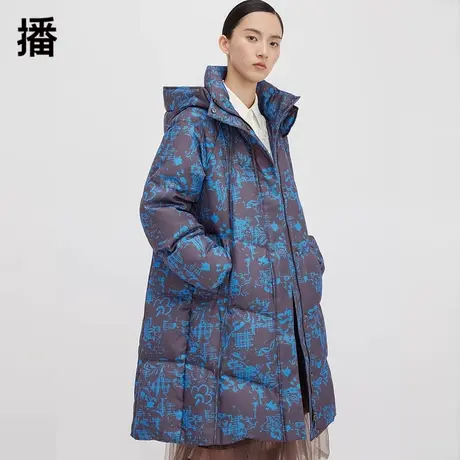 播白鸭绒羽绒服女2023秋冬新款中长款保暖印花连帽外套DDQ4RD5537商品大图