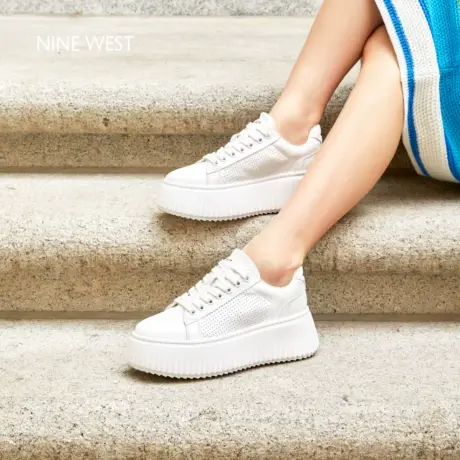 Nine West/玖熙厚底小白鞋女2025夏季新款网孔透气休闲鞋真皮板鞋商品大图