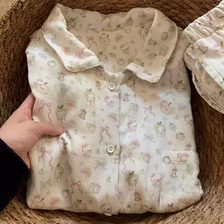 A类全棉双层纱青苹果Kitty小翻领长袖长裤睡衣套装棉纱家居服商品大图
