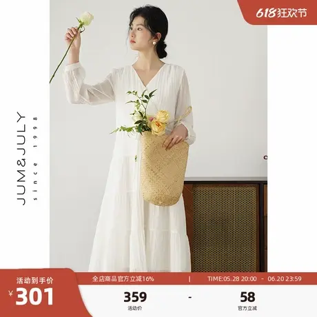 嘉茱莉法式浪漫白色V领连衣裙女2025春季新款宽松高腰长袖长裙图片