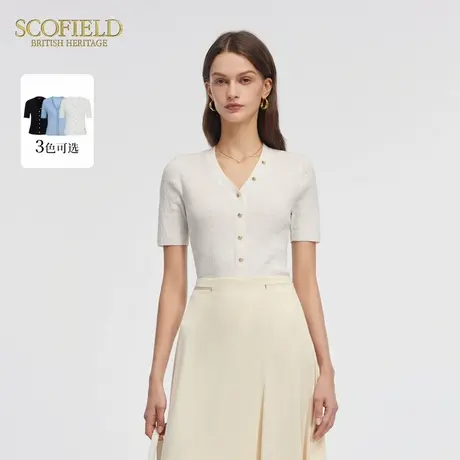 Scofield女装休闲v领优雅气质坑条肌理短袖针织夏季上衣商品大图