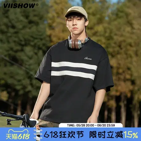 VIISHOW美式复古条纹短袖T恤男夏季新款oversize撞色五分袖体恤商品大图