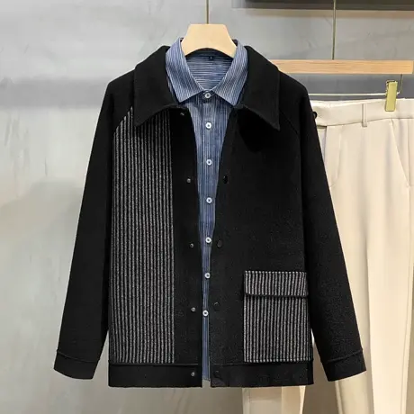 欧美潮牌提花男士条纹针织衫翻领夹克修身短款厚款帅气毛呢外套男商品大图