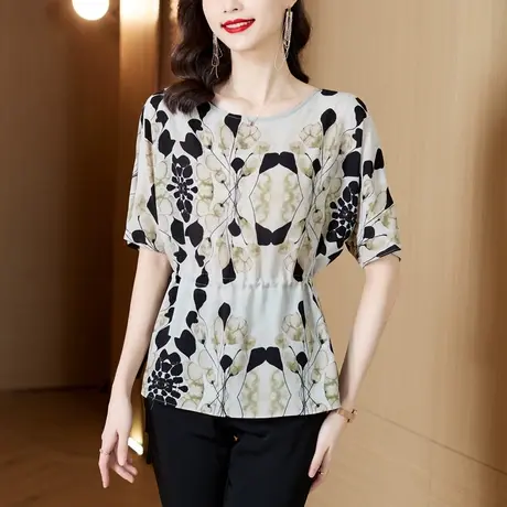 漂亮印花别致雪纺衬衫女短袖夏装2023年新款收腰显瘦中长款女小衫商品大图