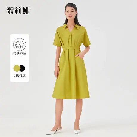 歌莉娅收腰衬衫连衣裙夏季女装a字裙气质绑带显瘦通勤短袖裙子图片