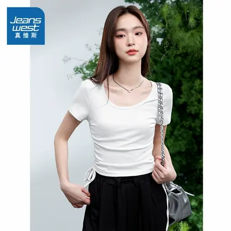 KMV真维斯白色短袖t恤女2025新款夏季休闲显瘦修身短款内搭打底衫商品大图