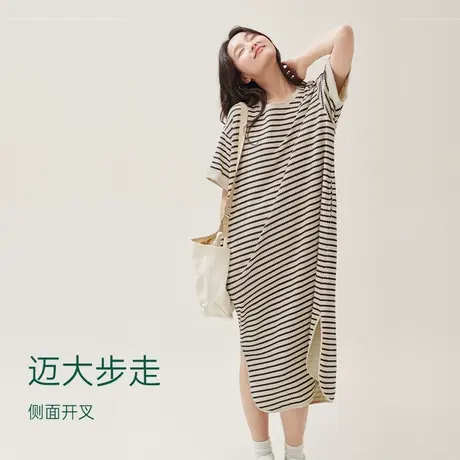 安之伴条纹睡裙女夏季纯棉短袖薄款休闲大码宽松可外穿宽松睡衣商品大图