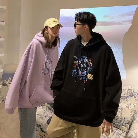 早秋上大码潮牌oversize嘻哈连帽卫衣女宽松bf慵懒风hiphop情侣装图片