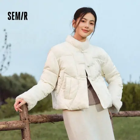 森马棉服女设计感提花缎面国风2024新款冬毛领盘扣宽松外套新中式图片