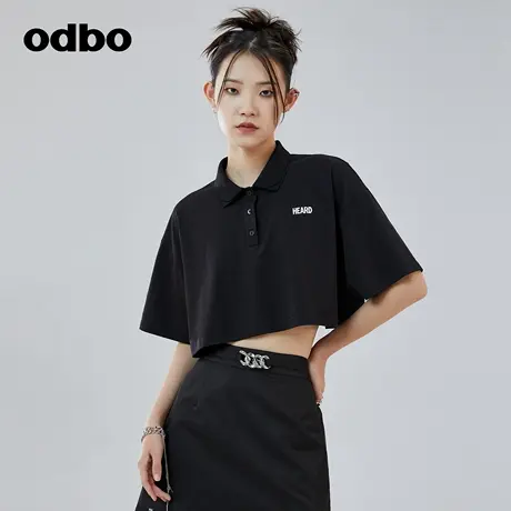 odbo/欧迪比欧原创设计复古polo领黑色t恤女时尚气质简约短款上衣商品大图