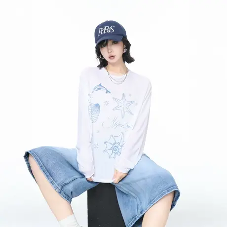 美式慵懒松弛感物理防晒罩衫女夏季宽松轻薄凉感印花长袖T恤上衣商品大图