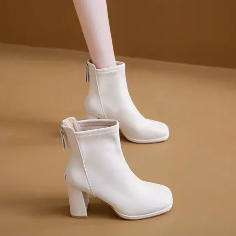 永希法式方头粗跟马丁靴女2023新款秋季后拉链高跟单靴仙女风短靴图片