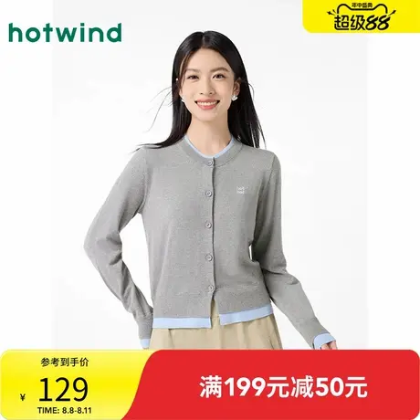 热风2025年春季新款女士圆领假两件针织衫圆领拼色简约通勤开衫商品大图