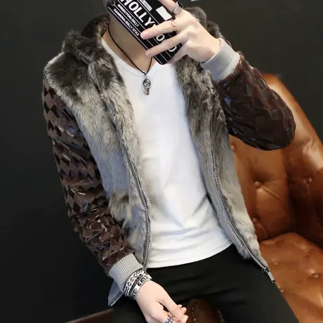 皮草男2023新款皮衣机车皮夹克韩版修身青年休闲秋冬皮毛一体外套图片
