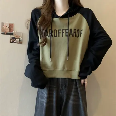 连帽短款插肩袖撞色拼接卫衣女春秋薄款宽松韩版百搭长袖上衣潮牌商品大图
