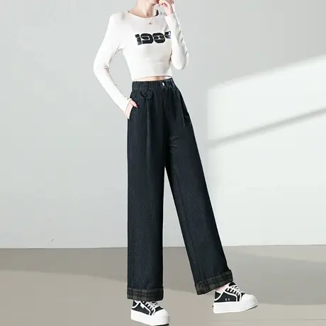 莱赛尔直筒牛仔裤女春秋季新款高腰宽松黑色显瘦翻边阔腿奶奶裤子商品大图