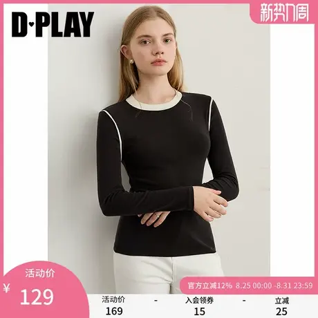 DPLAY2025秋季新款黑色t恤女时尚含羊毛醋酸天丝打底衫莱赛尔上衣商品大图