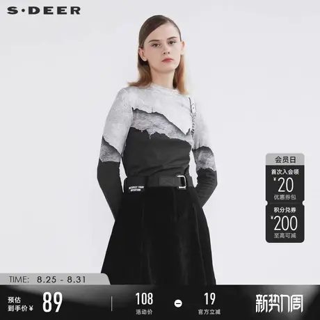 sdeer圣迪奥冬装简约半高领水墨晕染长袖T恤女S21480218商品大图
