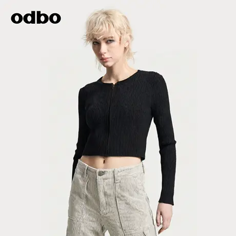 odbo/欧迪比欧秋上衣女新款圆领长袖开衫修身短款百搭长袖针织衫商品大图