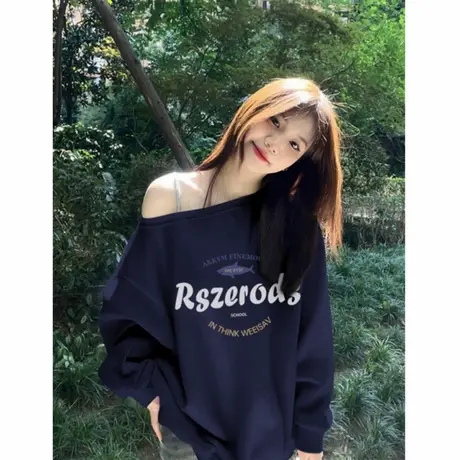 美式甜酷套头一字肩斜领卫衣女秋季新款藏蓝色辣妹露肩长袖上衣潮商品大图