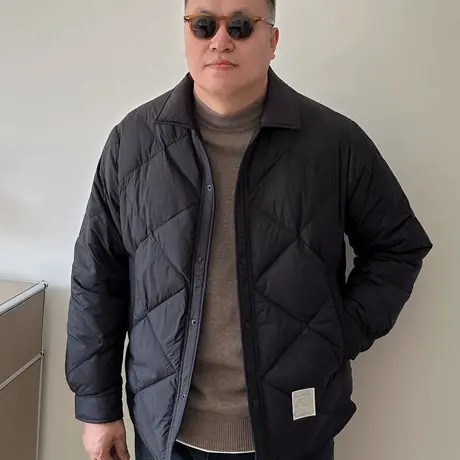 DAEVU大码男装冬季轻薄菱形格衬衫款加肥加大男士翻领羽绒服外套商品大图