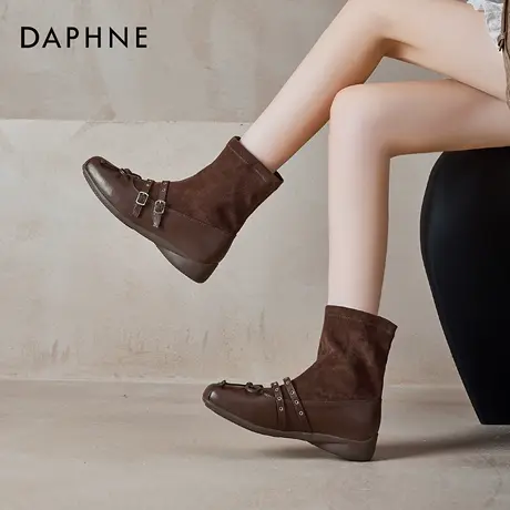 达芙妮棕色短靴女2025秋冬新款复古玛丽珍袜靴马丁靴巨好看瘦瘦靴图片