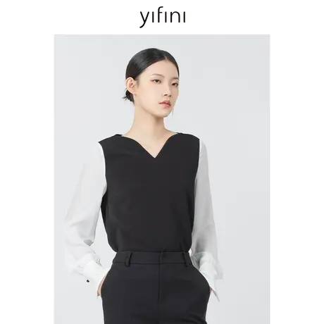 Yifini/易菲V领黑白撞色衬衫长袖套头衫上衣女2023秋季新款衬衣图片