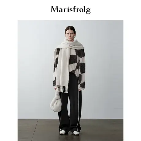 【商场同款】玛丝菲尔2023年冬季新款羊驼毛低圆领棋盘格针织衫商品大图