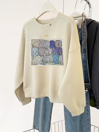 大码chic复古韩版加绒圆领卫衣女ins卡通秋冬加厚闺蜜装外套上衣商品大图