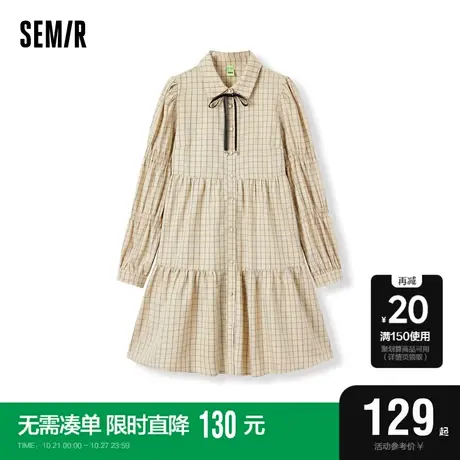 [商场同款]森马连衣裙女格子衬衫裙文艺2023新款春季蝴蝶结娃娃裙图片
