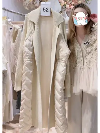 2023秋冬新款韩版宽松气质收腰高级感针织拼接过膝中长款棉服外套图片