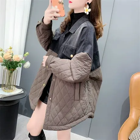 夹棉菱形格牛仔拼接衬衫棉服外套女秋冬新款宽松洋气设计感上衣潮商品大图