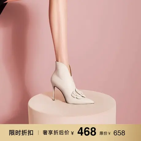 熙漫2023秋冬新款尖头细跟加绒及踝靴优雅花朵时尚设计感高跟短靴图片