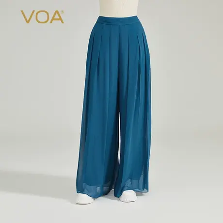 VOA乔其纱桑蚕丝海蓝自然腰风琴褶口袋百搭宽松直筒真丝阔腿长裤商品大图