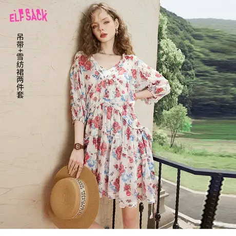 妖精的口袋【两件套】雪纺碎花连衣裙女2023夏新款v领宽松小个子图片