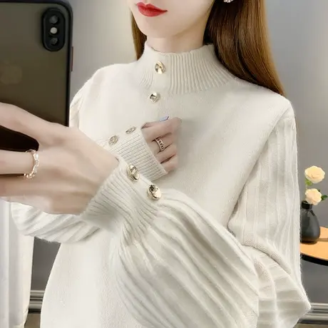 53119半高领针织衫女士新款韩版宽松纯色长袖毛衣百搭打底衫女商品大图